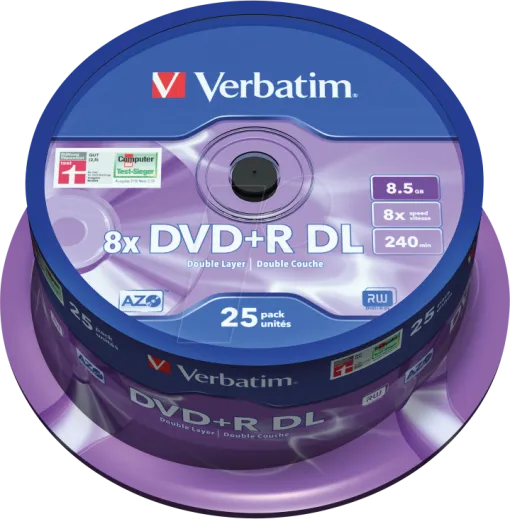 Verbatim 25 x DVD+R DL — Argent, Printable, Spindle