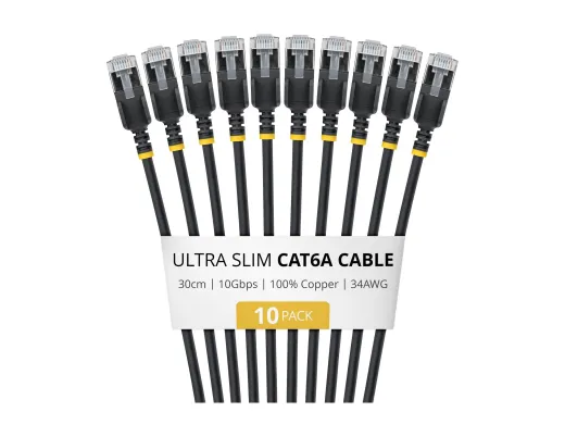 StarTech.com Startech — RJ-45 (M) pour RJ-45 (M), 3.7 mm, CAT 6a, lot de 10, 30 cm, noir (pack de 10)